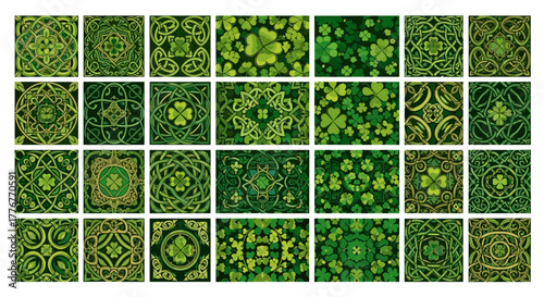 Collection of green shamrock and celtic knot patterns on