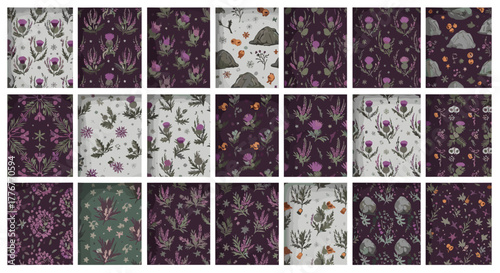 Enchanting botanical pattern with whimsical forest elements and floral motifs