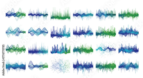 Abstract sound wave and equalizer graphic elements in blue and green