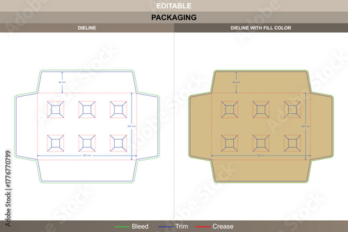 Six hole insert dieline designed by vector alignment ensuring printing clarity packaging steadiness precise die line layout defines six accurate circular slot connections