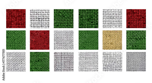 Collection of fabric swatches in red, green, and gold colors