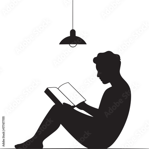 man reading a book under light, editable file