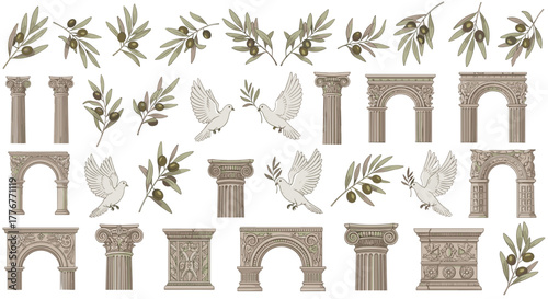 Collection of ancient roman architectural elements and olive branches