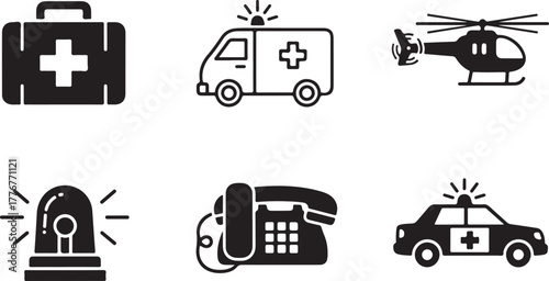 Emergency and rescue services icons, medical transport, first aid