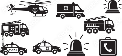 First responder vehicles and essential service icons set