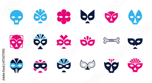 Collection of stylized superhero masks and icons