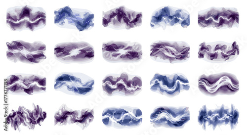 Collection of abstract watercolor brush strokes in purple and blue hues