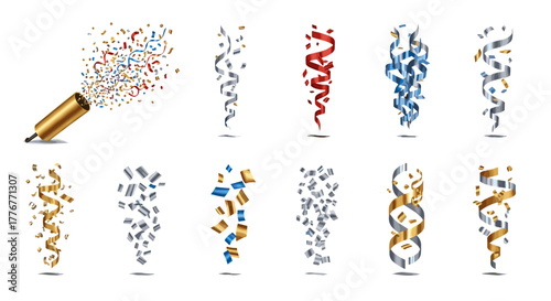 Collection of colorful confetti and streamers exploding from poppers