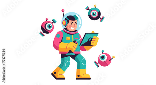 Futuristic Astronaut Man Controlling Drones With Tablet In Colorful Cartoon Illustration