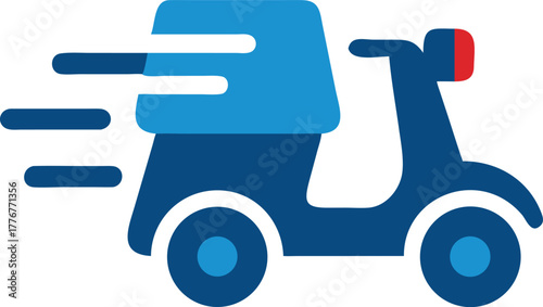 A blue scooter speeds forward with a box attached, showing motion and delivery
