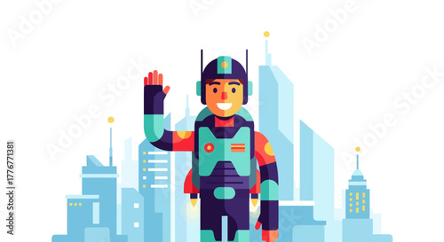 Futuristic Astronaut Smiling and Waving Above a Modern City in a Vector Illustration