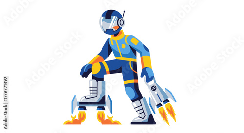 Futuristic Astronaut With Hoverboard And Rocket, Ready For Galactic Exploration
