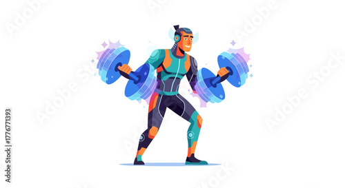 Futuristic Athlete Energized Lifting Weights with Advanced Fitness Technology