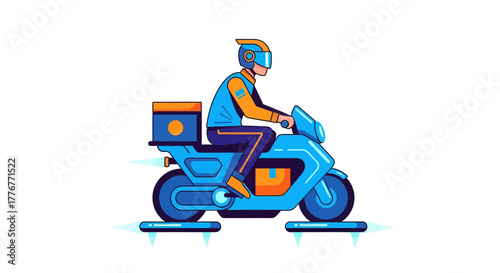 Futuristic Driver Delivering Package with Next-Generation Electric Motorcycle on White Background