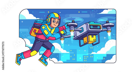 Futuristic Drone Delivery Service With Courier Flying Over City Against a Sky