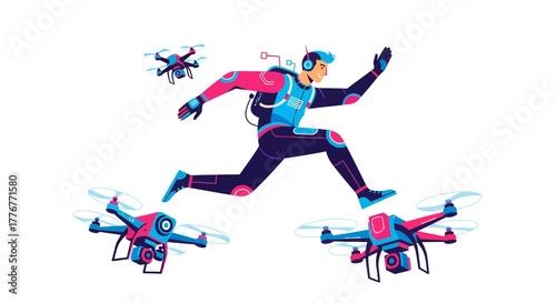 Futuristic Drone Operator: Racing Through A Vector Illustration With High-Tech Style