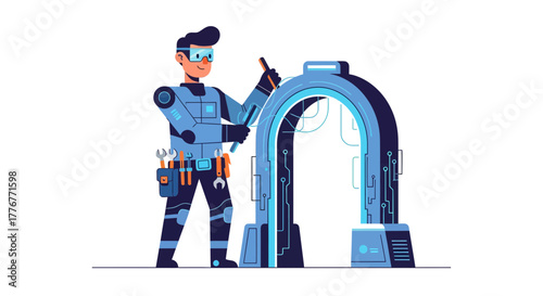 Futuristic Engineer Working On a Technical Structure With Advanced Diagnostic Tools