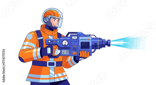Futuristic Firefighter Aiming Water Gun or Energy Weapon with Professionalism