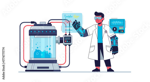 Futuristic Laboratory Experiment: Scientist Conducts Technological Research and Experiments