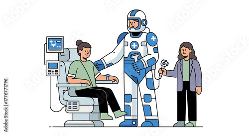 Futuristic Medical Aid Provided By An Advanced Robot In A Modern Healthcare Setting