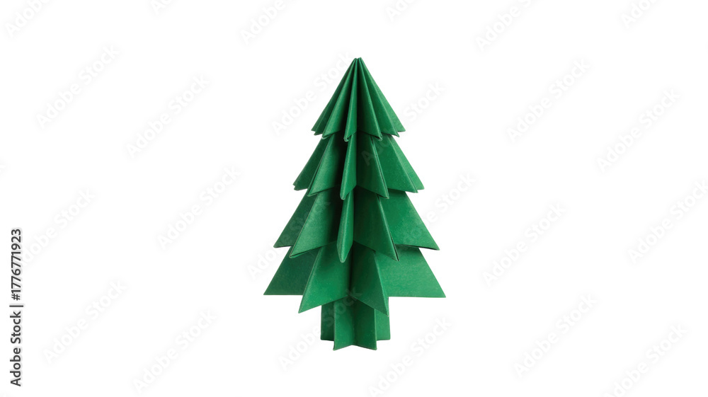 Obraz premium A minimalist, green origami paper Christmas tree stands upright, a festive and handcrafted holiday decoration against a solid background. background removed