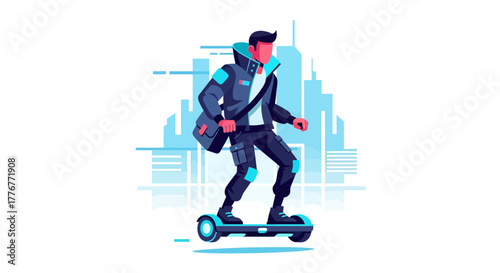 Futuristic Person Gliding On An Electric Hoverboard Against City Skyline Background