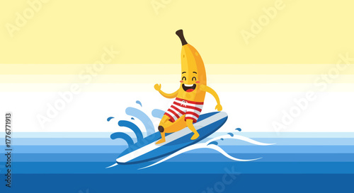 Happy Banana Surfer Riding Waves And Having Fun At The Summer Beach Vacation