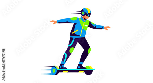 Futuristic Person Gliding on Modern Hoverboard with Colorful Energy Trails