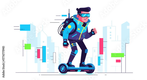 Futuristic Person On Hoverboard with the City, Modern Style and Vector Illustration