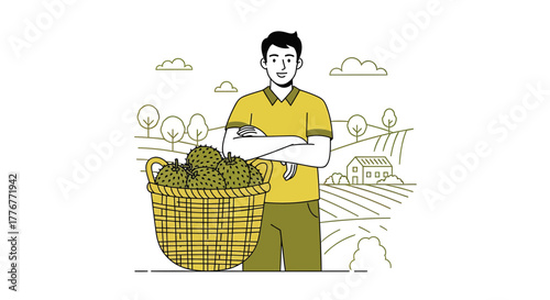Happy Farmer Presenting Basket of Freshly Harvested Durian in His Orchard Scene