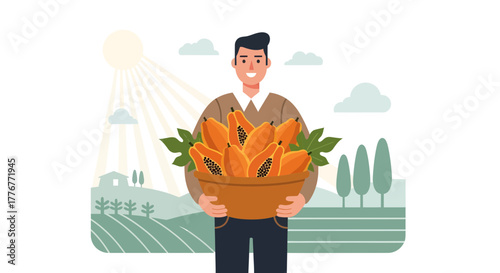 Happy Farmer Presenting Papayas From Harvest, Smiling With Freshly Collected Fruits