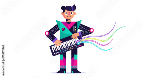 Futuristic Person Playing Electronic Keyboard Instrument, Artistic Modern Illustration