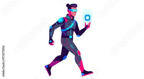 Futuristic Person Wearing Cyberpunk Gear Interacting With A Microchip And Running