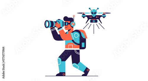 Futuristic Photographer Capturing Scenes With Drone and Camera For Unique Perspectives