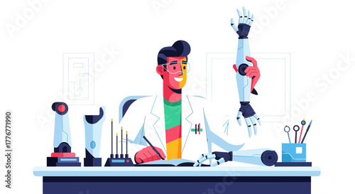 Futuristic Prosthetic Engineering: Scientific Researcher Working On Mechanical Limb Design