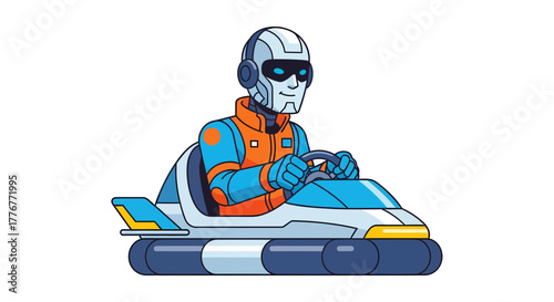 Futuristic Robot Driver Piloting a Sleek Vehicle in a Colorful Vector Illustration