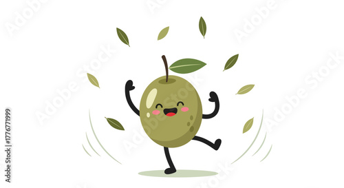 Happy Olive Cartoon Dancing Happily With Leaves for Food or Healthy Lifestyle Theme