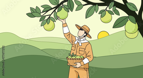 Harvesting Sunrise: A Serene Scene of Rural Life and Orchard Abundance.