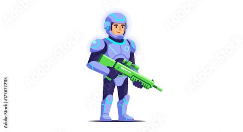 Futuristic Soldier In A Vibrant Suit Awaits Into The Battle Zone For An Attack
