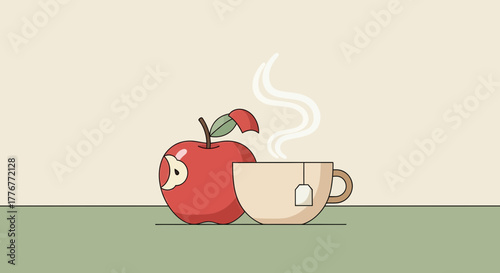 Healthy And Comforting Apple And Tea: A Minimalist Illustration Of Warmth And Wellness