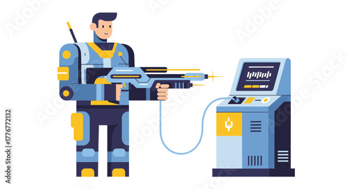 Futuristic Soldier Using Advanced Weapon Connected To Control Panel For Analysis Purpose