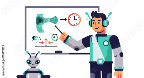 Futuristic Teacher Explaining Concepts, With Alien Audience, On Whiteboard Presentation