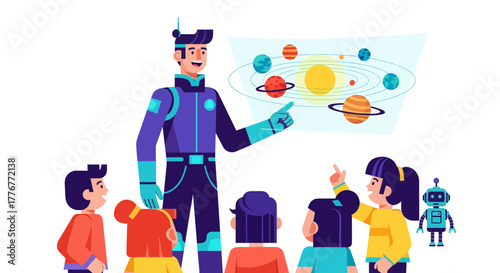 Futuristic Teacher Explains Solar System To Excited Students In Animated Illustration