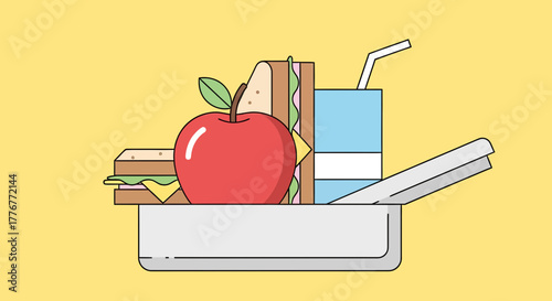 Healthy And Delicious School Lunch Illustration With Apple, Sandwich And Drink