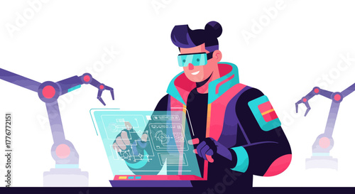 Futuristic Technologist Using Interactive Display Interface with Robotic Arm Elements