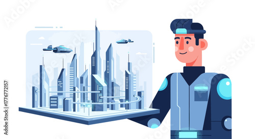 Futuristic Visionary Holding a Model of a Metropolis Displaying Advanced Technology