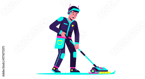 Futuristic Worker Performing Cleaning Tasks Using Advanced Technology For Efficiency