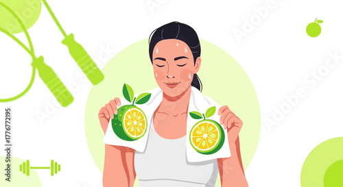Healthy And Happy Woman After Workout with Citrus Slices And Towel