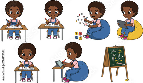 Cartoon child activity illustration, student learning and play vector, educational lifestyle artwork, expressive kid clipart, creative daily routine design