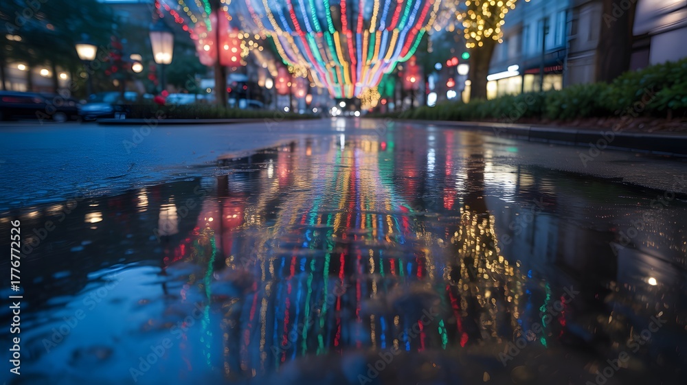 Fototapeta premium Vibrant Christmas Street Lights Reflection on Wet Pavement – Atmospheric Winter Holiday Cityscape with Festive Decorations, Colorful Illumination and Moody Depth of Field – Urban Night Scene, Seasonal